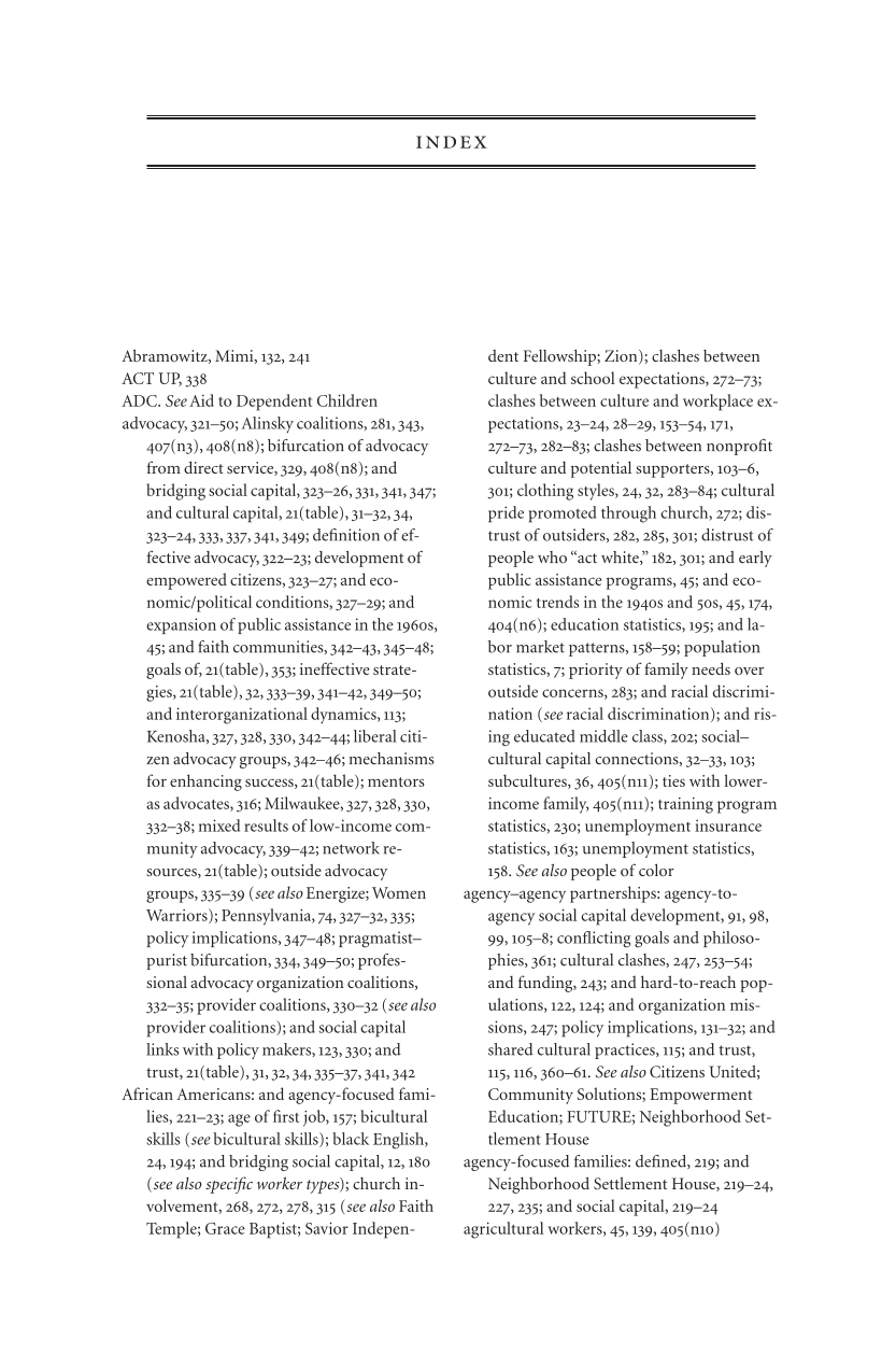 Social Capital and Welfare Reform: Organizations, Congregations, and Communities page 425
